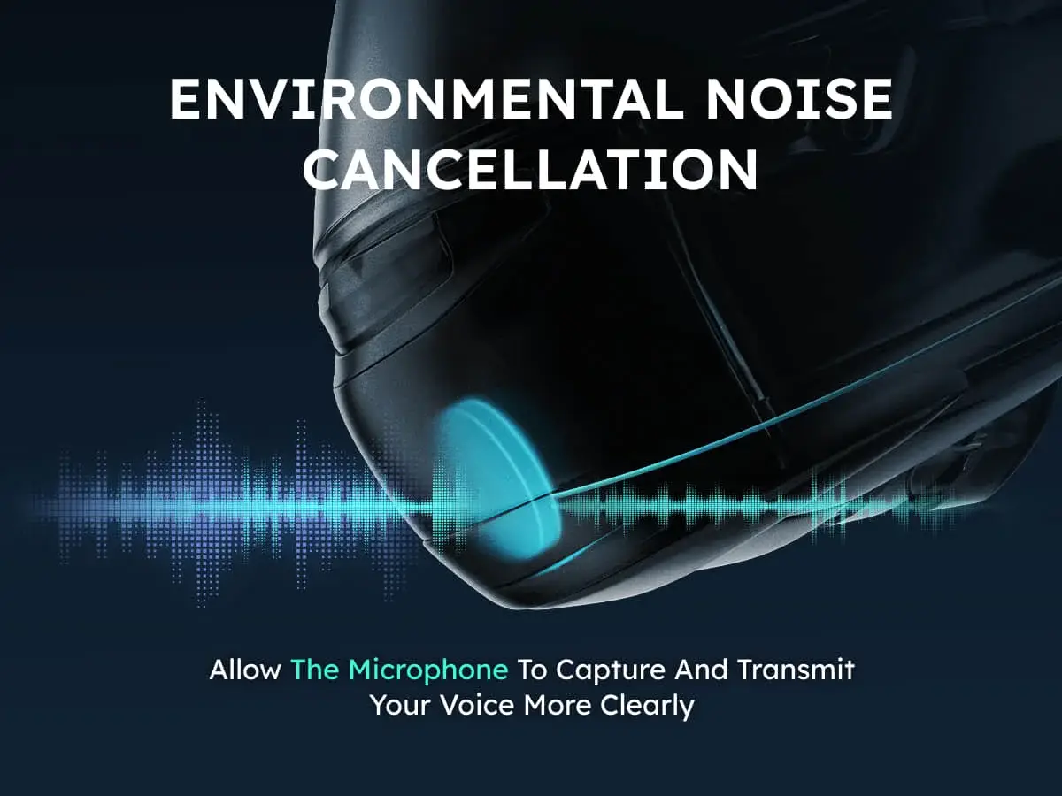 Close-up of a helmet microphone area illustrating the ASMAX F1's Environmental Noise Cancellation (ENC) feature, which filters background noise for clearer voice transmission.
