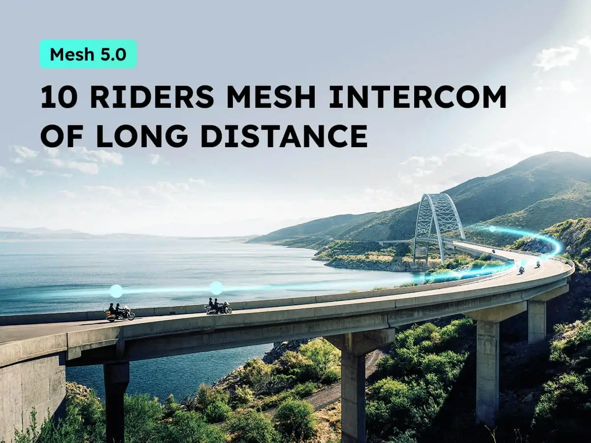   Motorcyclists cross a scenic bridge, demonstrating the long-distance 10-rider mesh intercom capability of the ASMAX F1 bluetooth motorcycle helmet headset.
