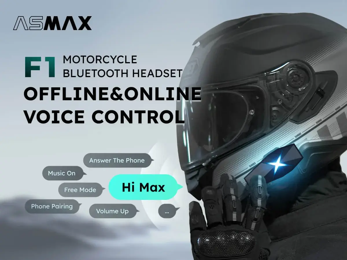 ASMAX F1 motorcycle Bluetooth headset mounted on a helmet, showcasing its smart voice control feature with examples of offline and online commands like 'Hi Max' and 'Answer The Phone'.