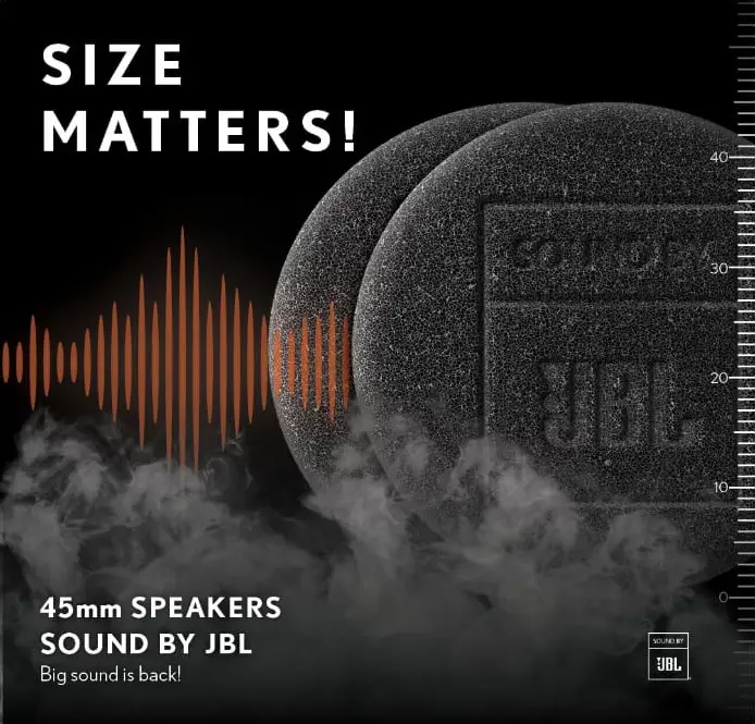 Ad highlighting the powerful 45mm JBL speakers included with the cardo packtalk pro, featuring speaker close-ups, soundwave graphics, and the text 'Size Matters!'.