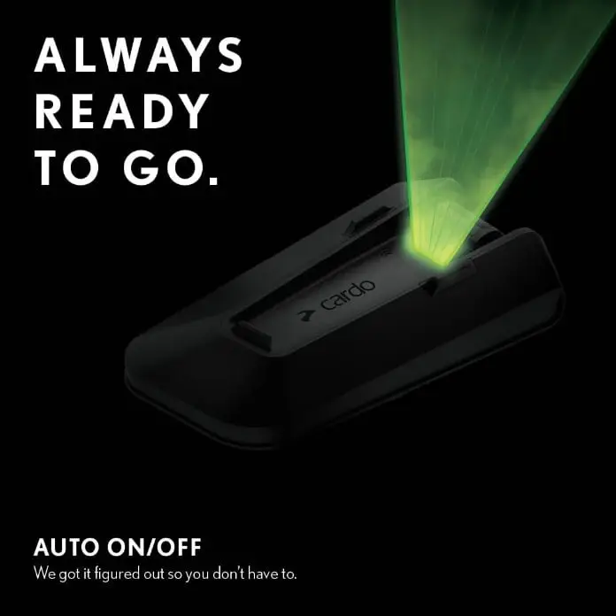 Image showcasing the cardo packtalk pro's auto on/off feature, represented by a device emitting a green 'ready' light beam, with the text 'Always Ready To Go'.