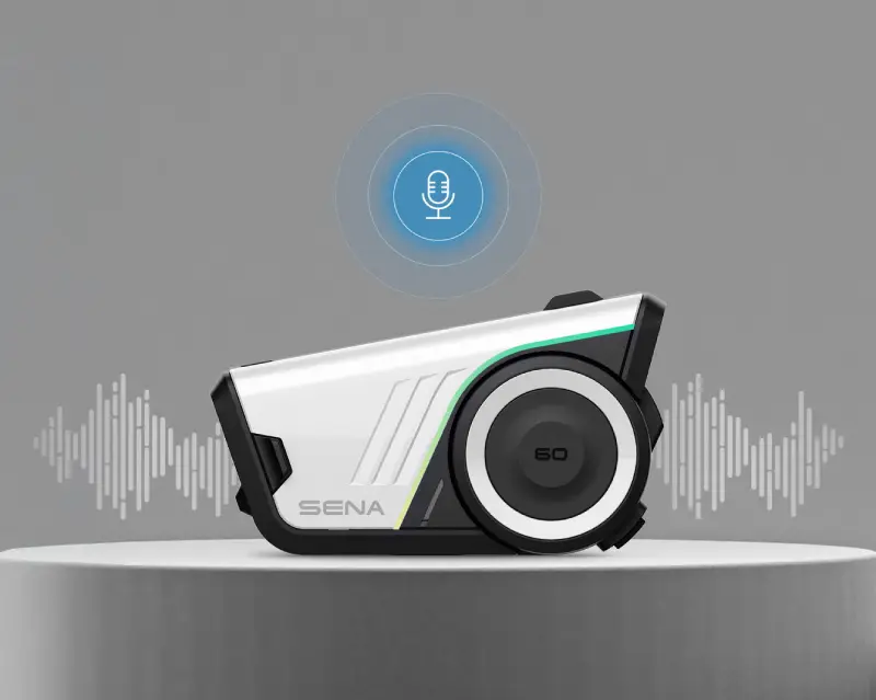 Voice-Command The white and black sena 60s Bluetooth motorcycle helmet headset on a pedestal, with a microphone icon and audio waveform graphic illustrating its voice command feature.