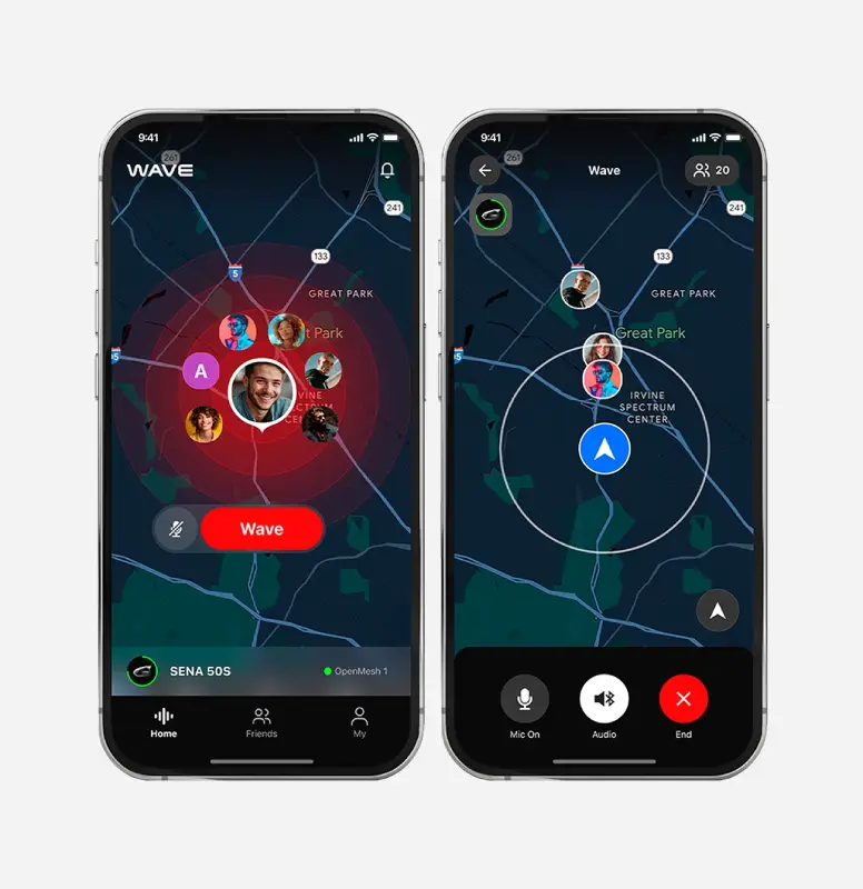 Two smartphone screens displaying the Wave app interface, demonstrating the Wave Intercom feature for the sena 60s bluetooth motorcycle helmet headset with map view and user communication controls.