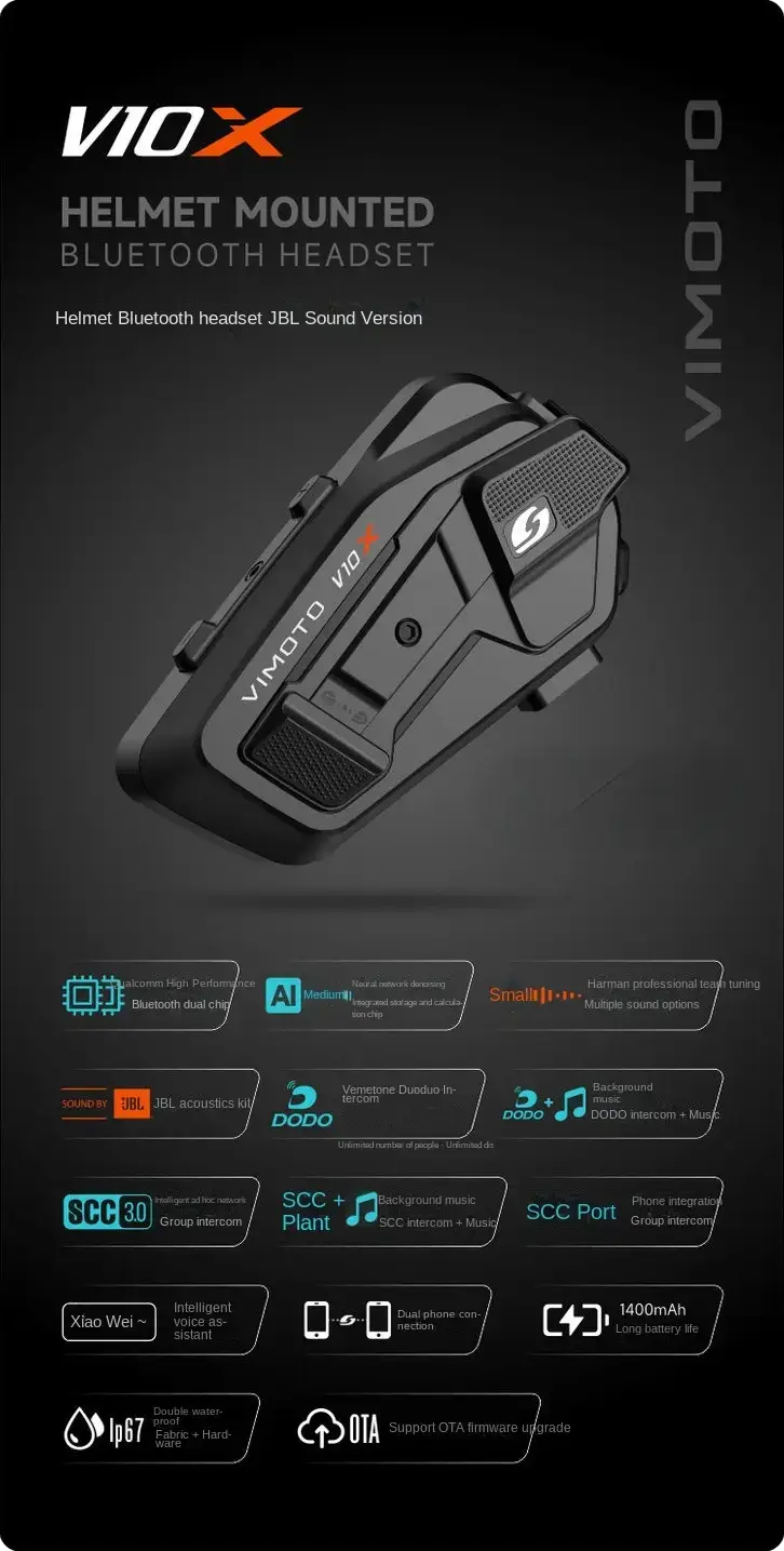 Overview of the VIMOTO V10x bluetooth motorcycle helmet headset, detailing features like JBL sound, SCC 3.0 intercom, long battery life, and IP67 rating.
